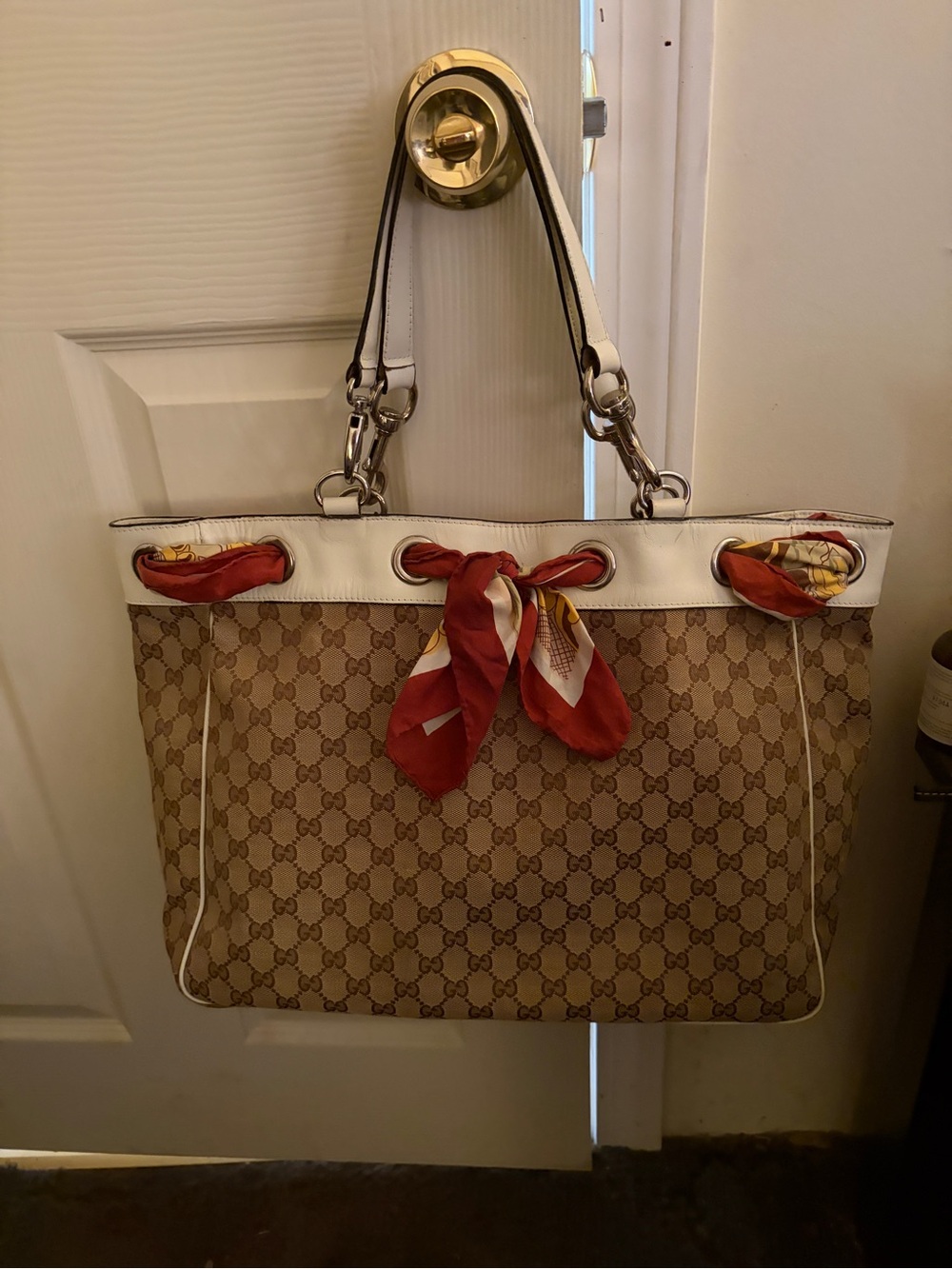 Authentic Gucci Beige GG Canvas Tote with White Trim and Red Scarf Accents